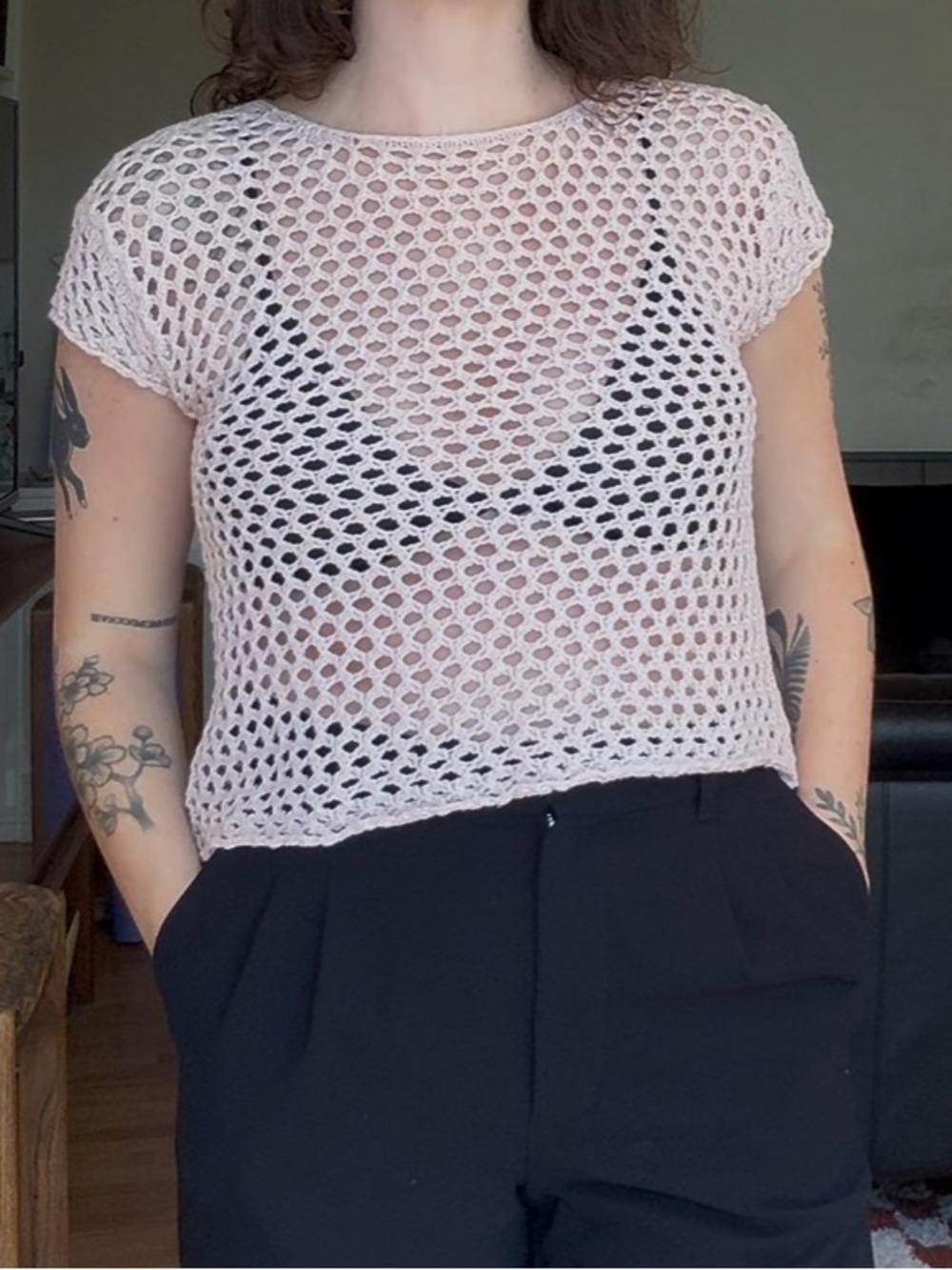 Vintage Light Pink Open Knit Crochet Top